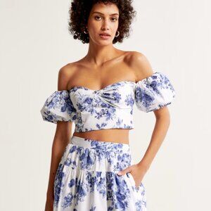Abercrombie Poplin Off the Shoulder Blue Floral Puff Sleeve Top NWT Size S
